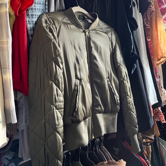 Khaki Green Fitted Satin Bomber Jacket - Picture 2 of 8